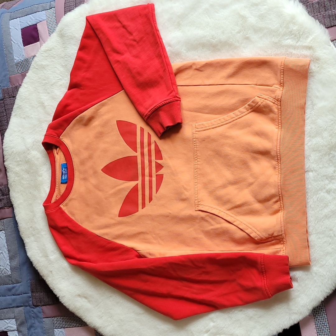 Adidas Big Logo Orange & Red Raglan Kangaroo Pocket Crewneck Sweater